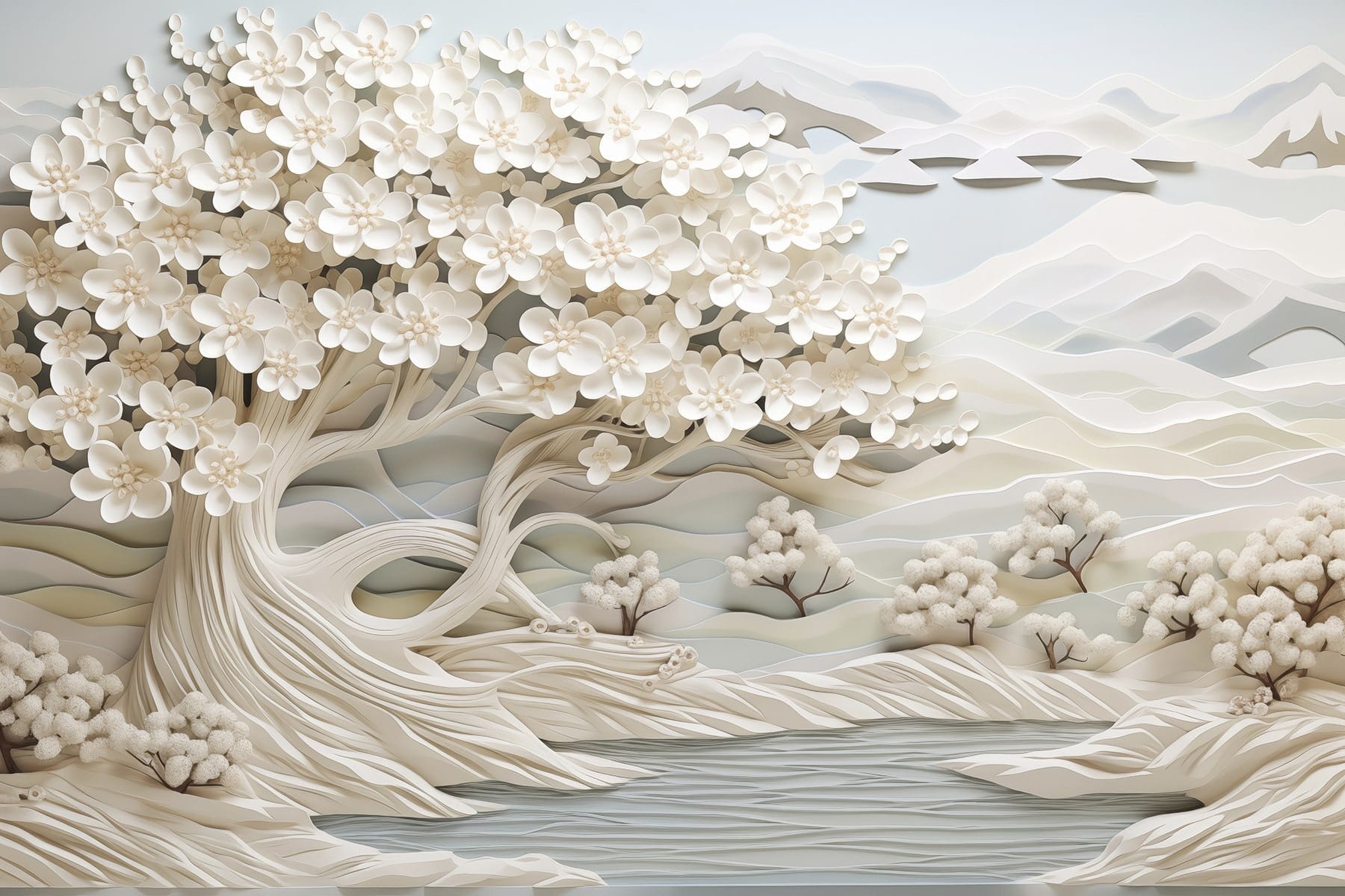 White tree with white flowers and a river