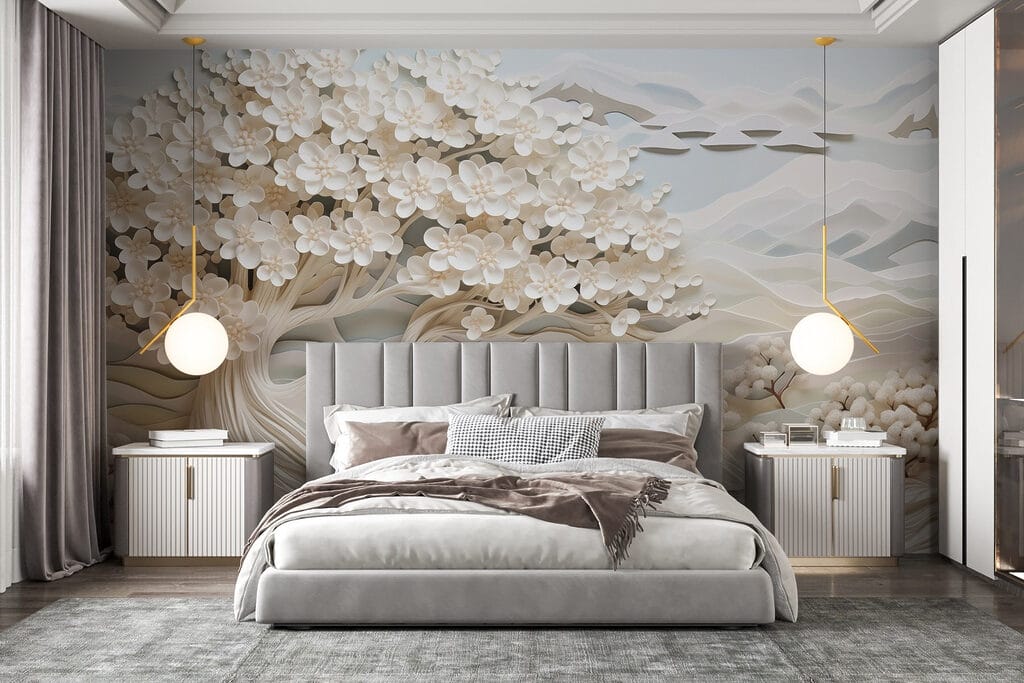 White tree with white flowers and a river