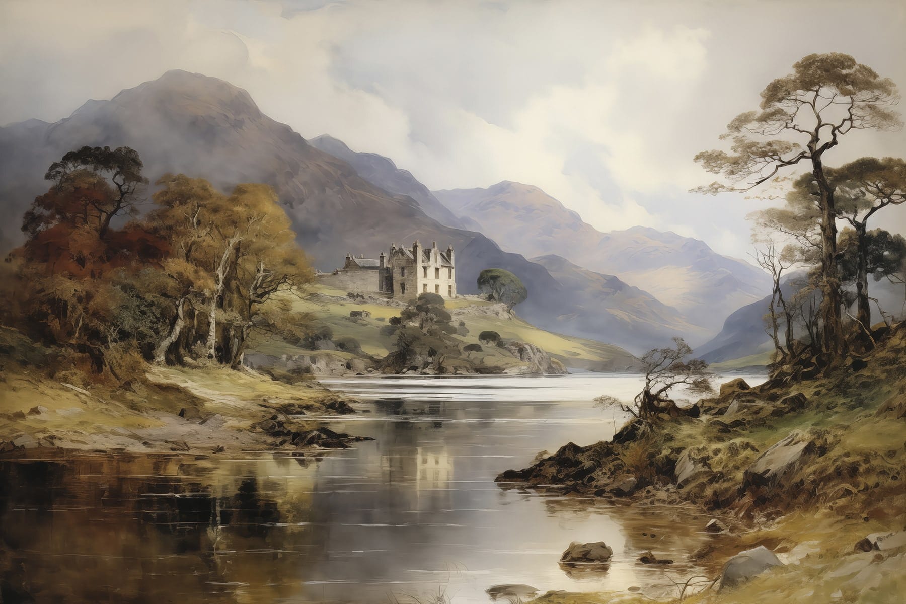 Watercolor painting of a castle on a hill with trees and mountains