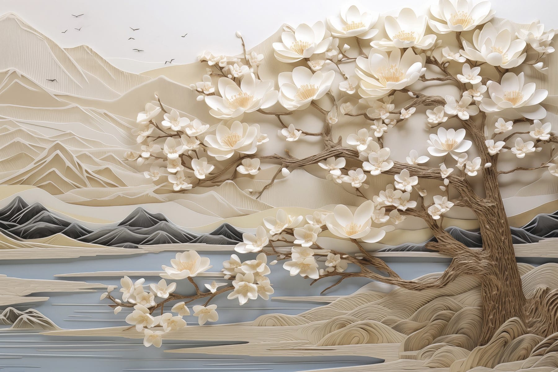 Tree with white flowers and mountains Tree with white flowers and mountains