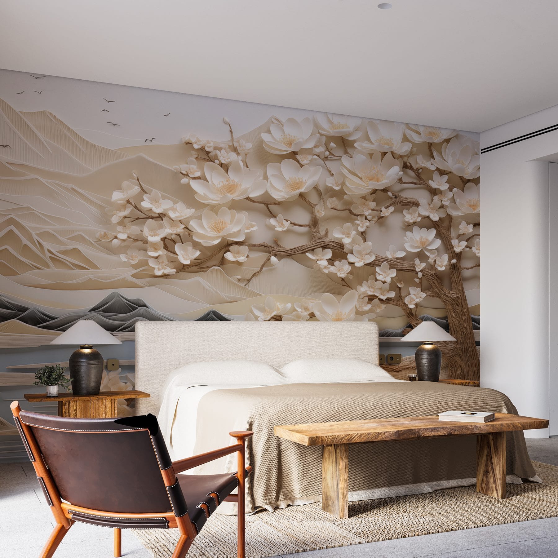 Tree with white flowers and mountains Tree with white flowers and mountains