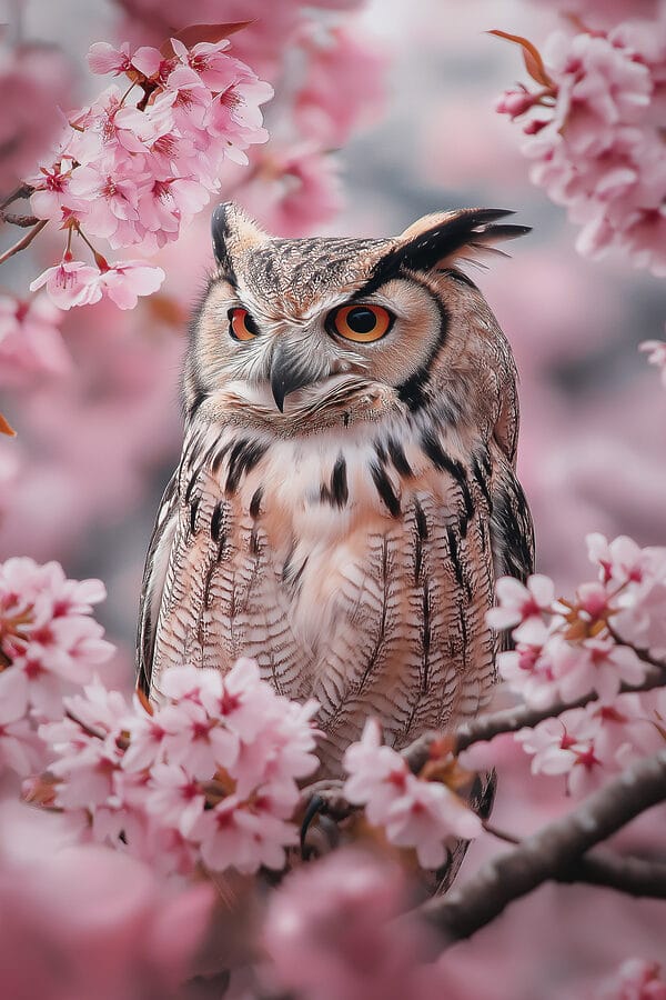 An owl in a tree with pink flowers An owl in a tree with pink flowers