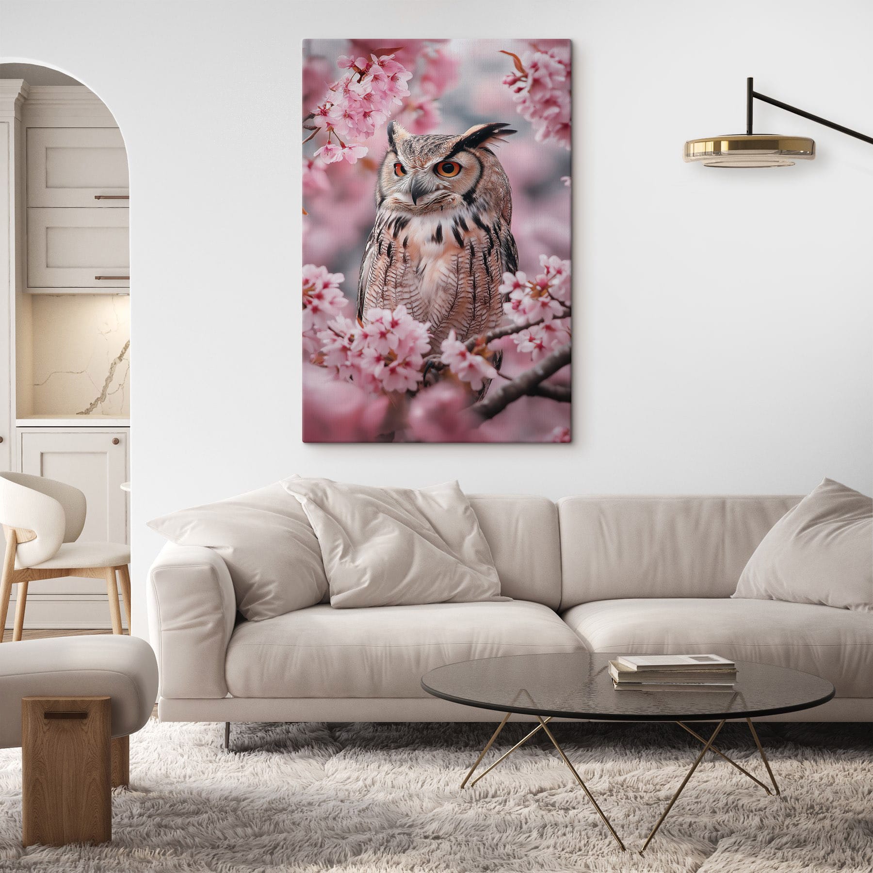 An owl in a tree with pink flowers An owl in a tree with pink flowers