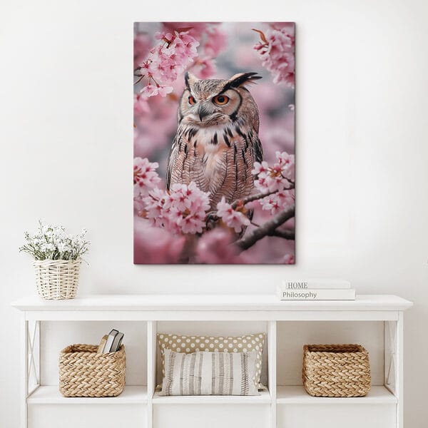 An owl in a tree with pink flowers An owl in a tree with pink flowers