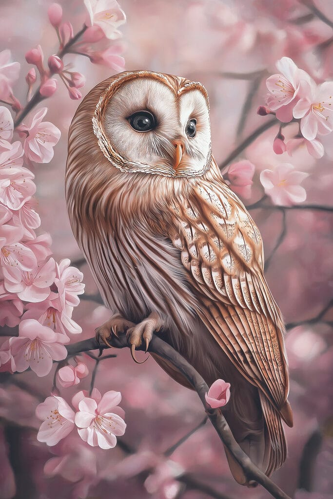 Owl sitting on a branch with pink flowers Owl sitting on a branch with pink flowers