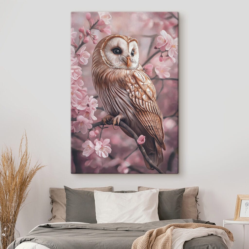 Owl sitting on a branch with pink flowers Owl sitting on a branch with pink flowers