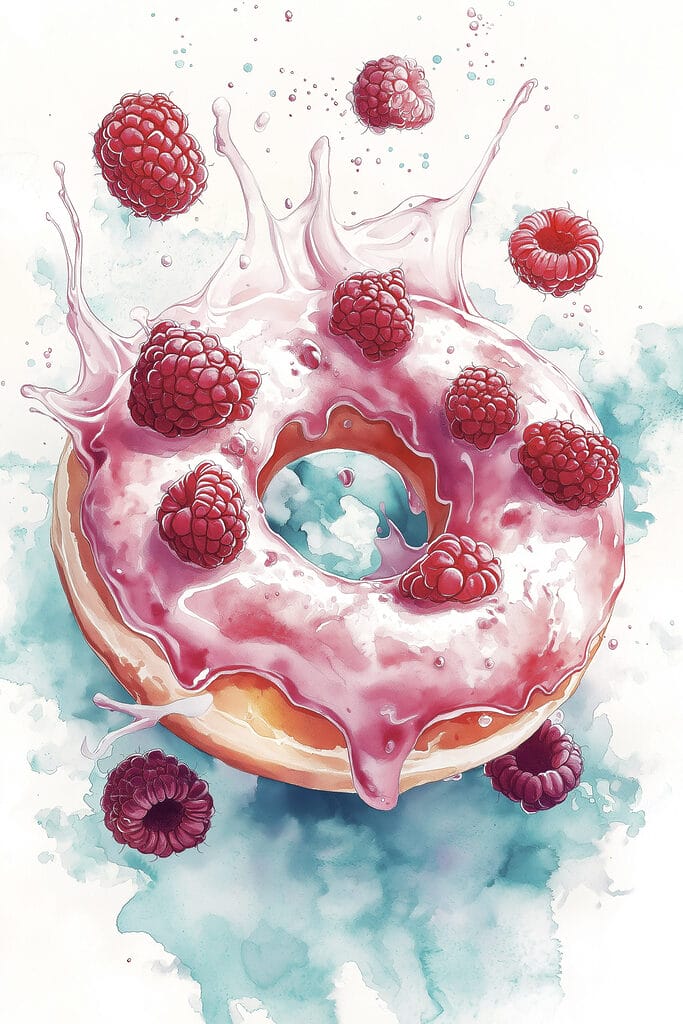 Painting of a donut with raspberries and milk splashing