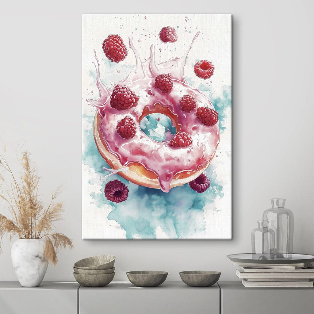 Painting of a donut with raspberries and milk splashing