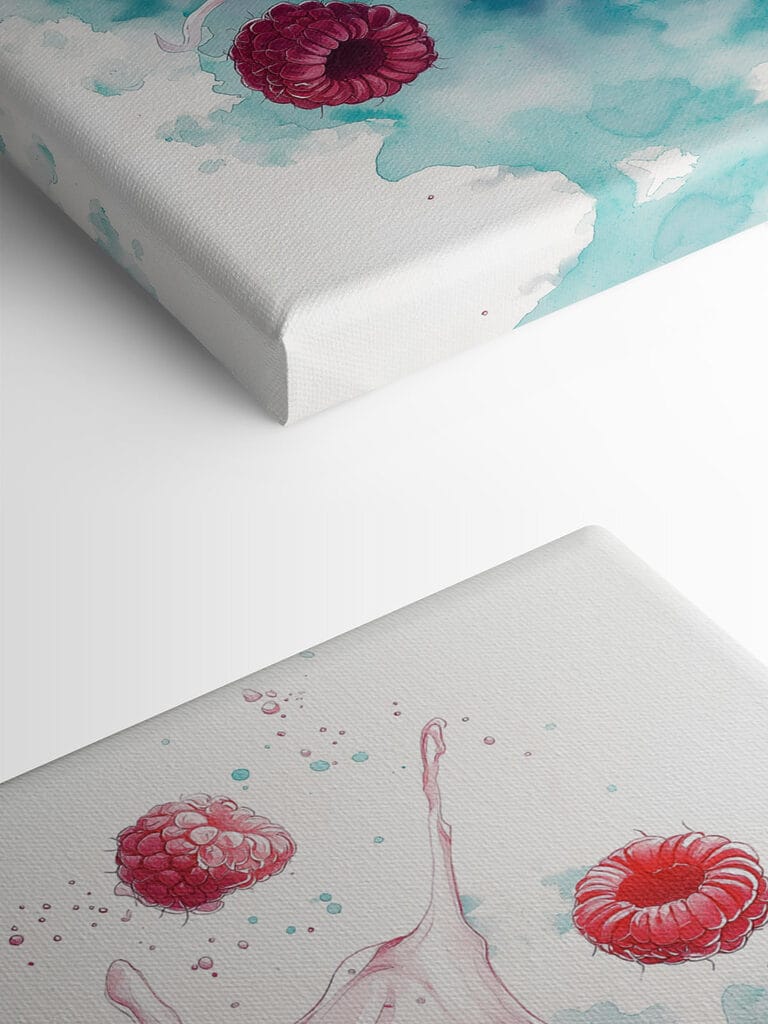 Painting of a donut with raspberries and milk splashing