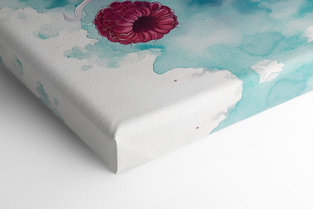 Painting of a donut with raspberries and milk splashing