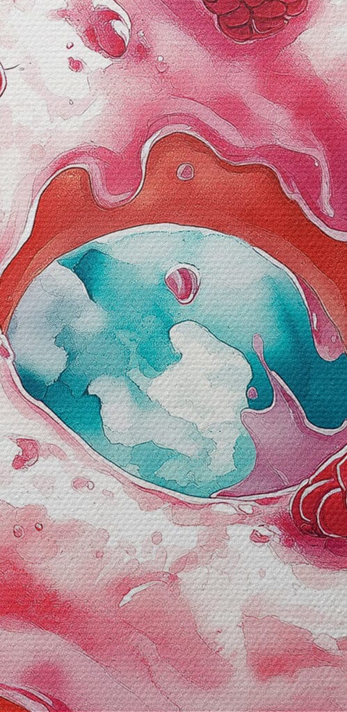 Painting of a donut with raspberries and milk splashing