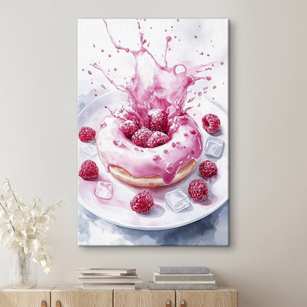 Donut with pink frosting and raspberries splashing into a white plate Donut with pink frosting and raspberries splashing into a white plate