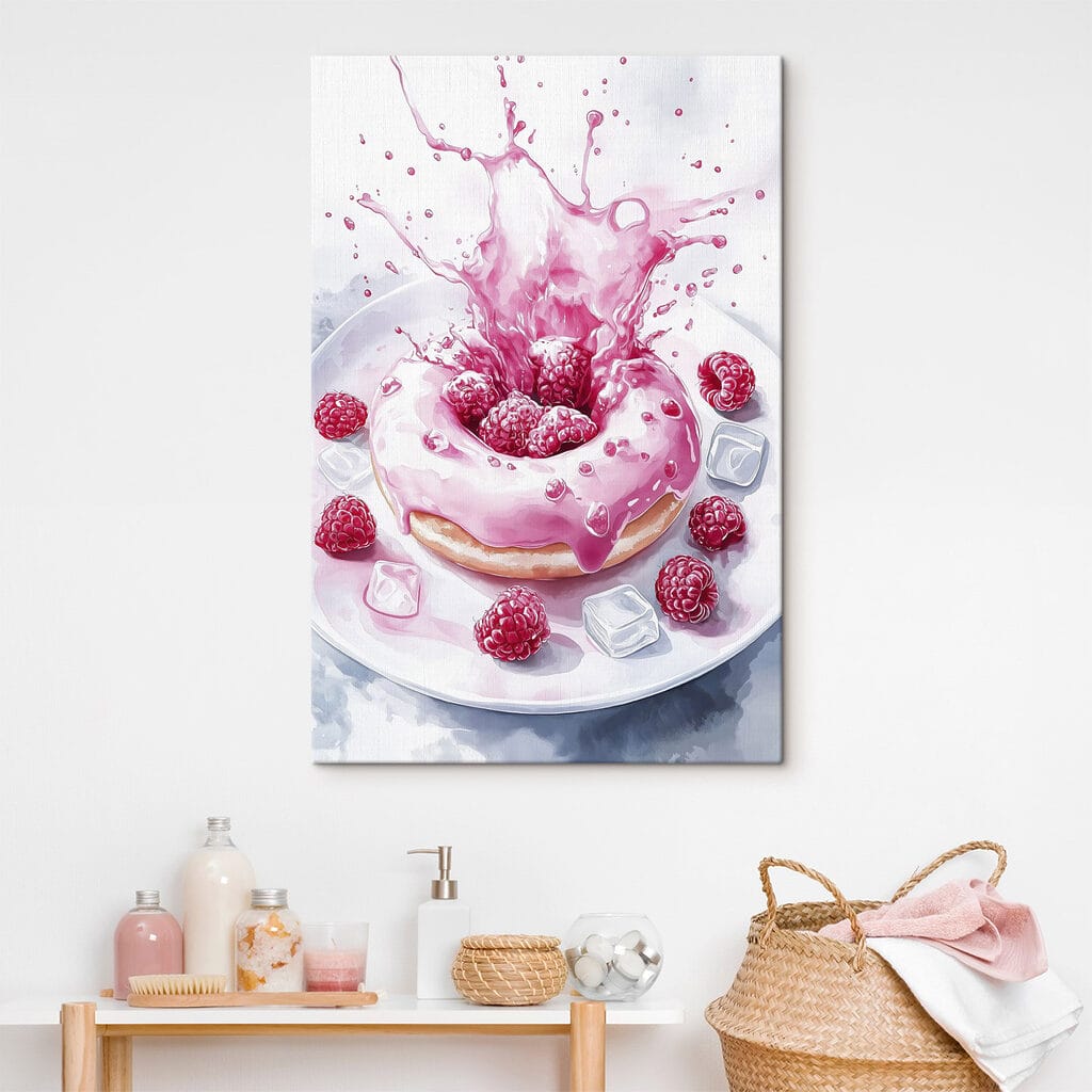 Donut with pink frosting and raspberries splashing into a white plate Donut with pink frosting and raspberries splashing into a white plate