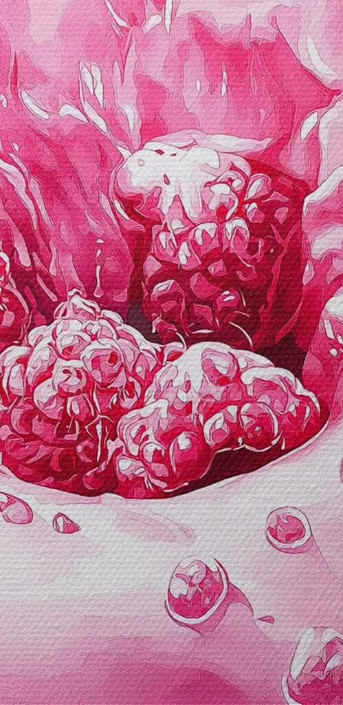 Donut with pink frosting and raspberries splashing into a white plate Donut with pink frosting and raspberries splashing into a white plate