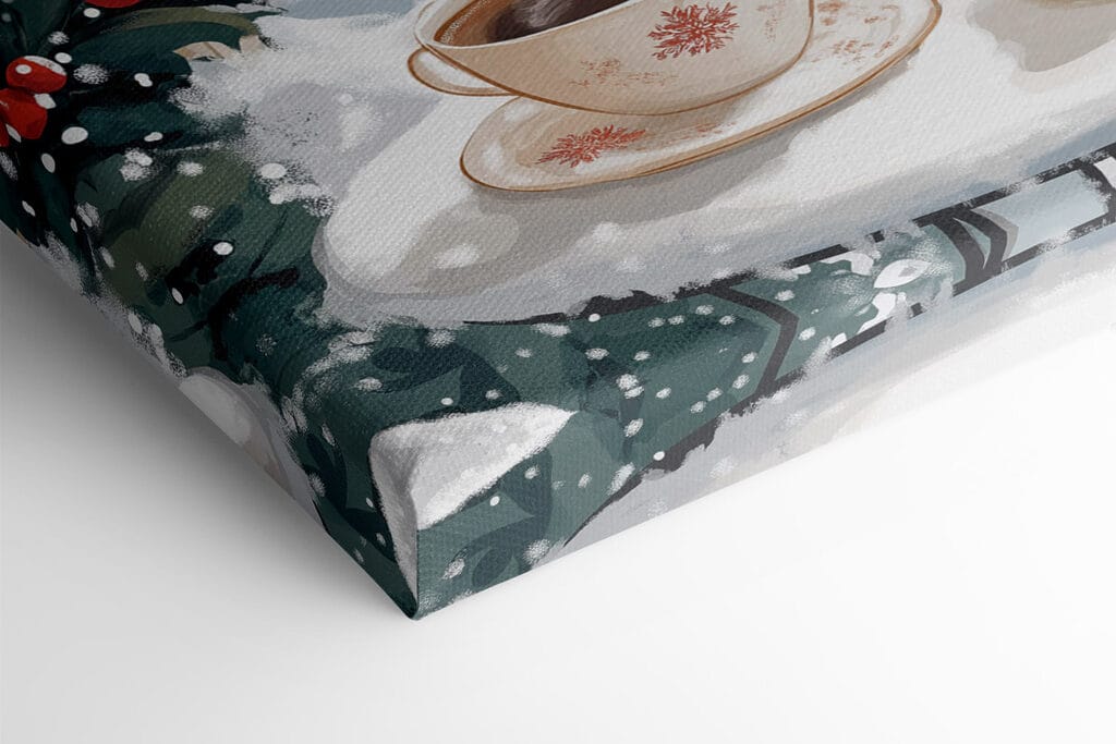 Couple of cups of coffee on a balcony with snow and buildings