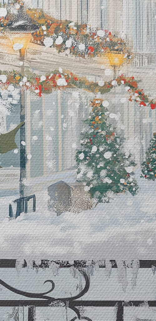 Couple of cups of coffee on a balcony with snow and buildings