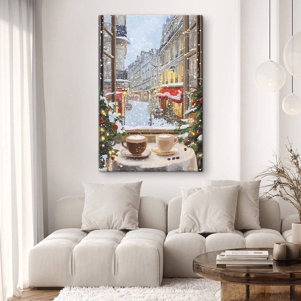 Window with two cups of coffee and trees in front of a street Window with two cups of coffee and trees in front of a street