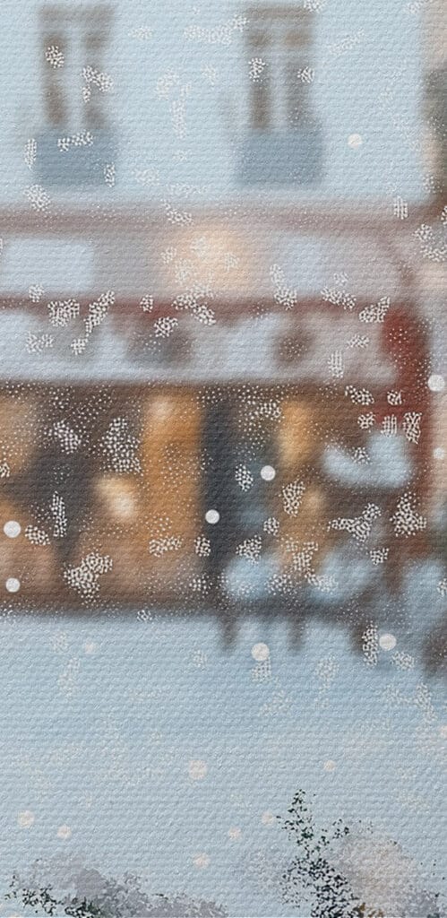 Two cups of coffee on a table in front of a snowy street