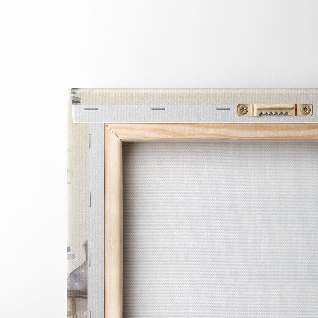 Painting of a tea set on a balcony with a tall tower in the background