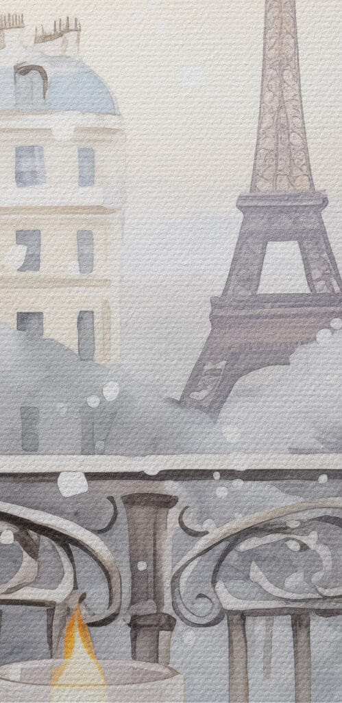 Painting of a tea set on a balcony with a tall tower in the background