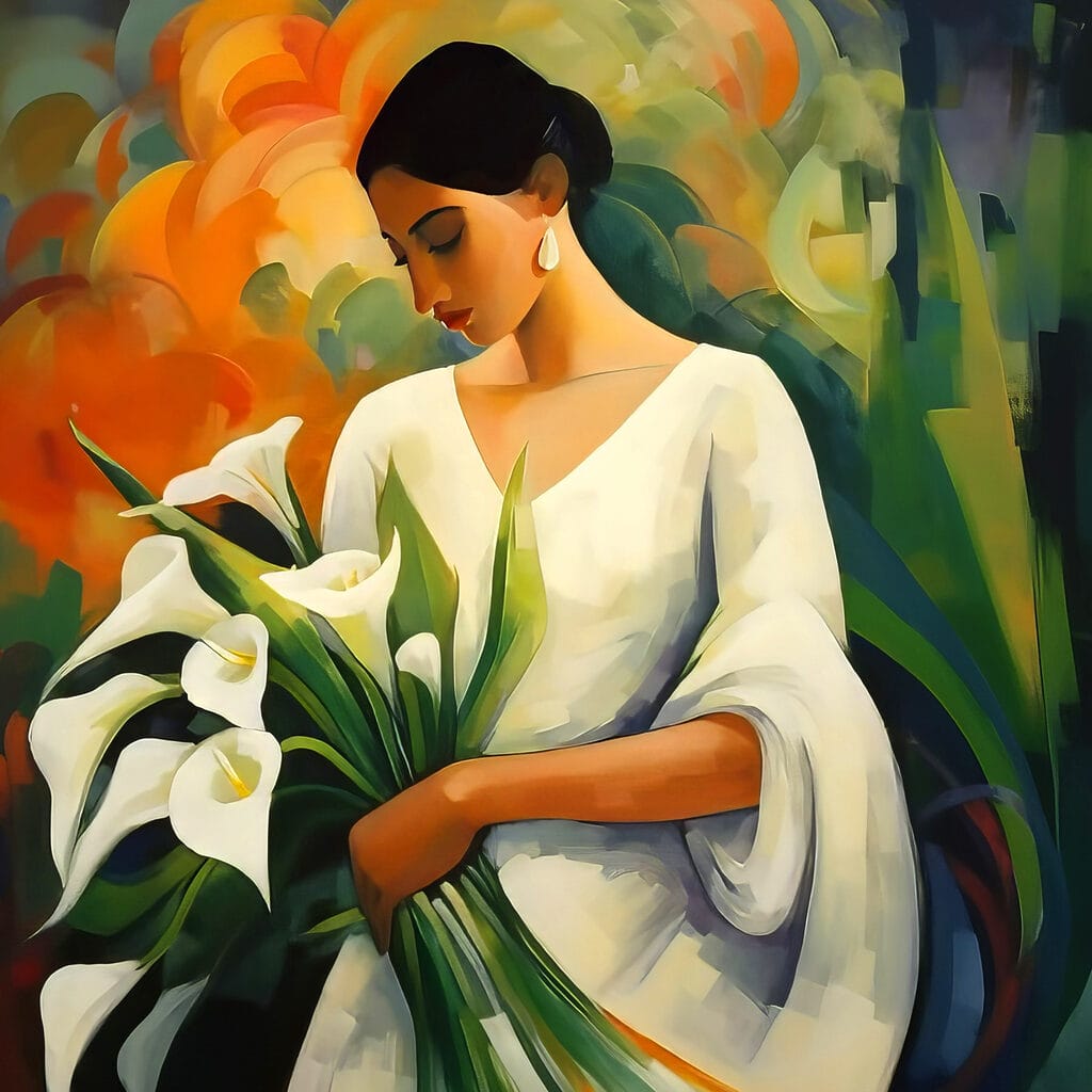 Painting of a woman holding flowers