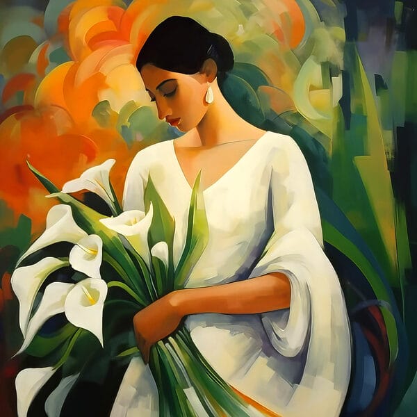 Painting of a woman holding flowers Painting of a woman holding flowers
