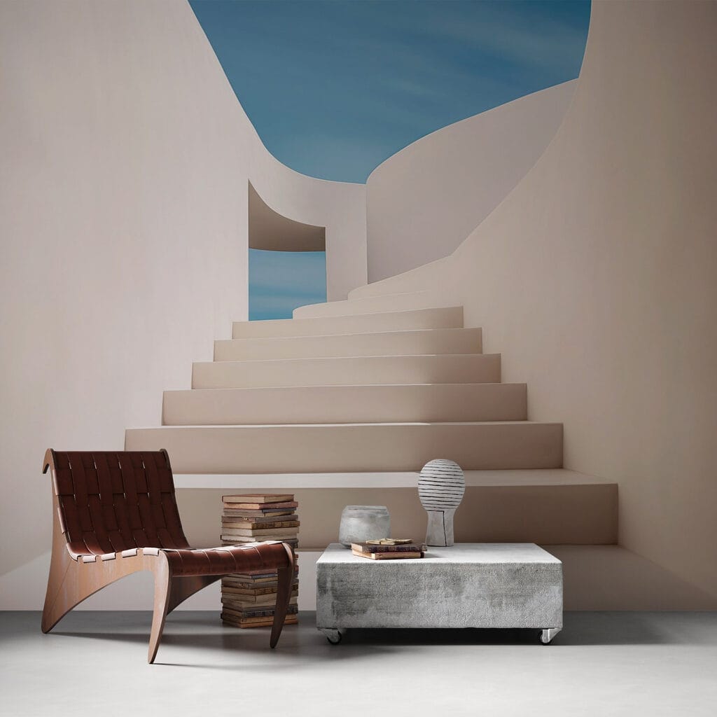 White staircase with a blue sky