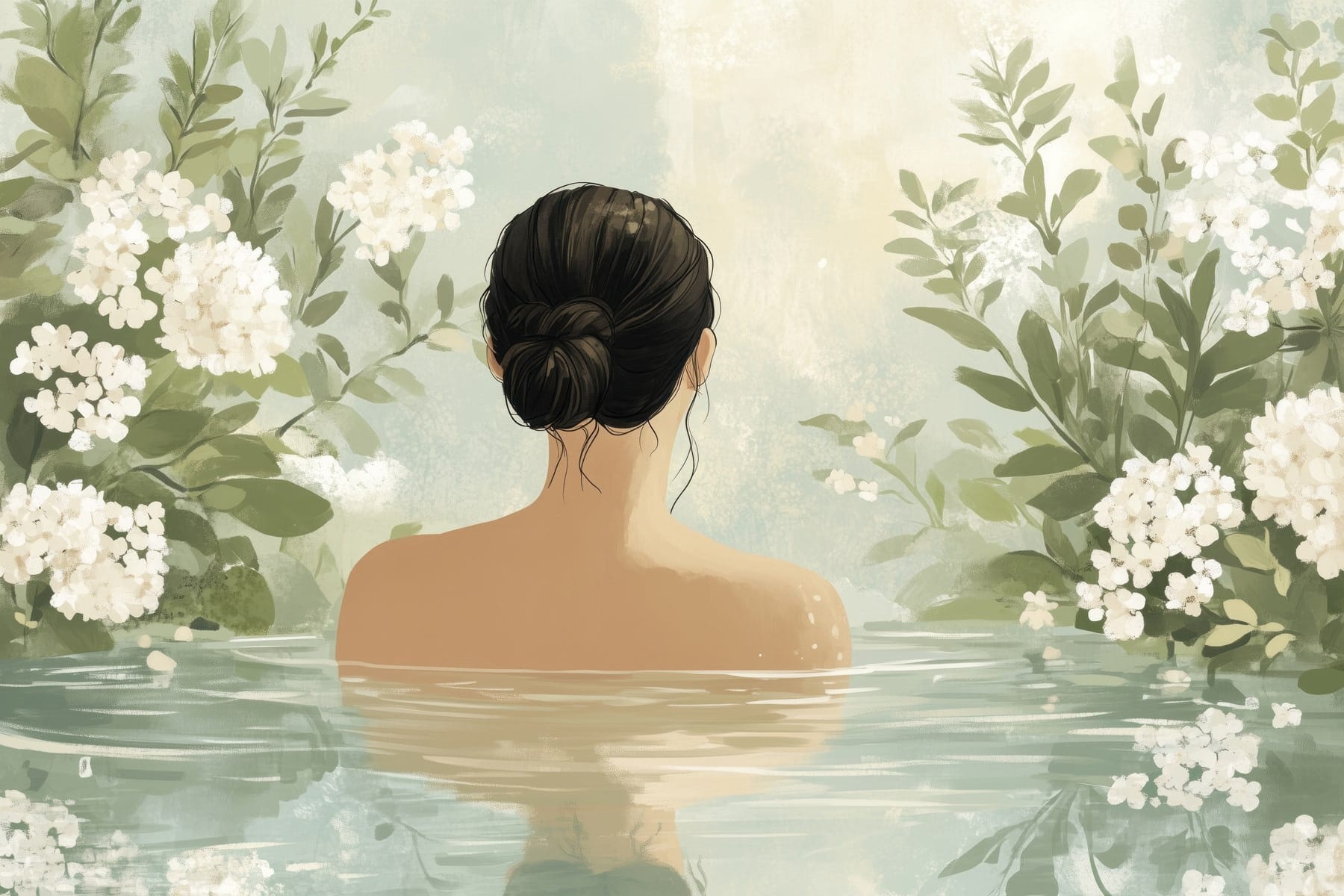 Woman in water with flowers
