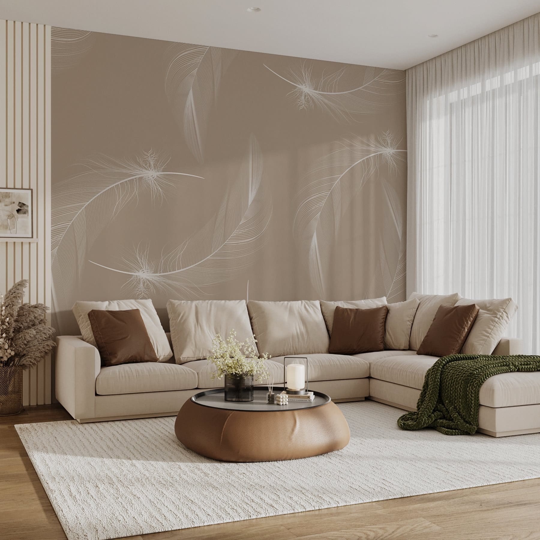 White feathers on a brown background