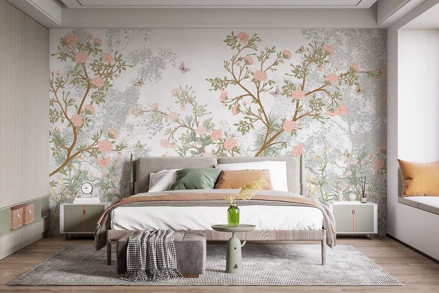 Painting of a tree with flowers and butterflies Painting of a tree with flowers and butterflies
