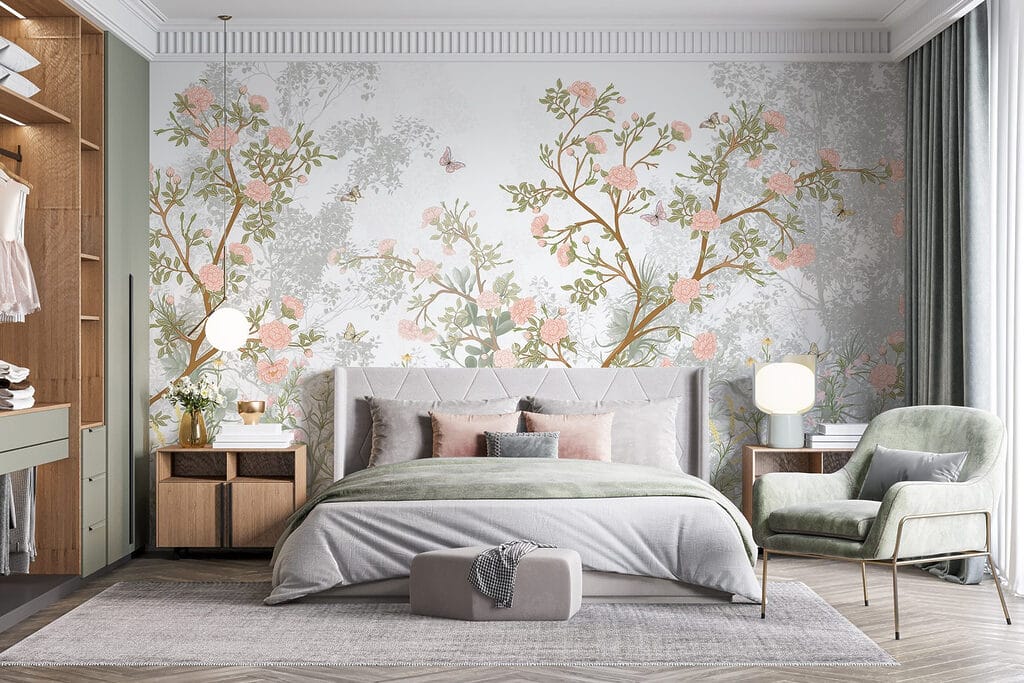 Painting of a tree with flowers and butterflies Painting of a tree with flowers and butterflies