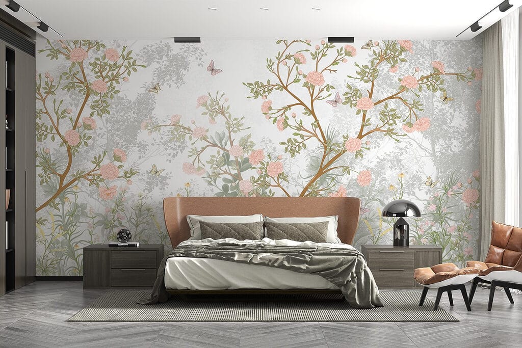 Painting of a tree with flowers and butterflies Painting of a tree with flowers and butterflies