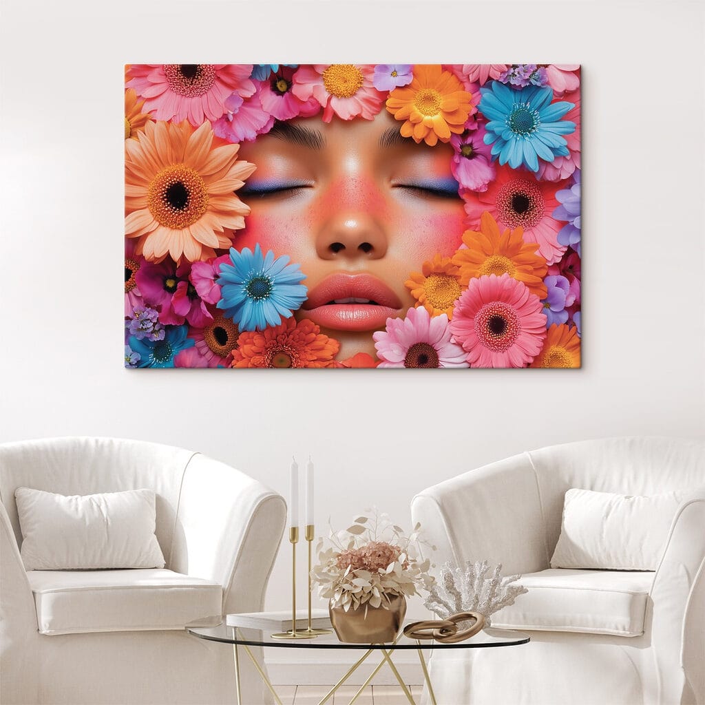 Woman with flowers around her face