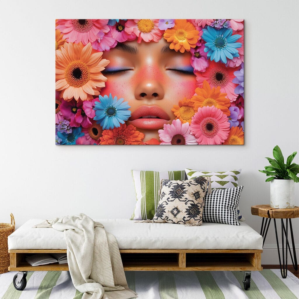 Woman with flowers around her face