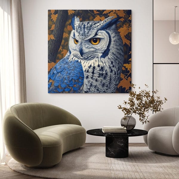 An owl with yellow eyes