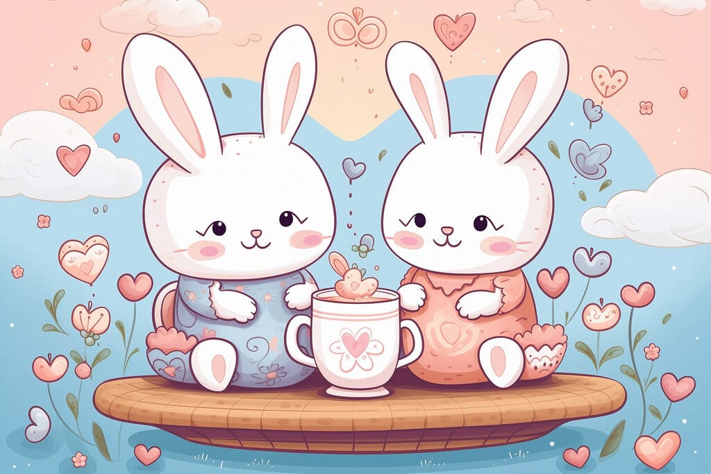Couple of bunnies sitting on a tray with a cup of tea