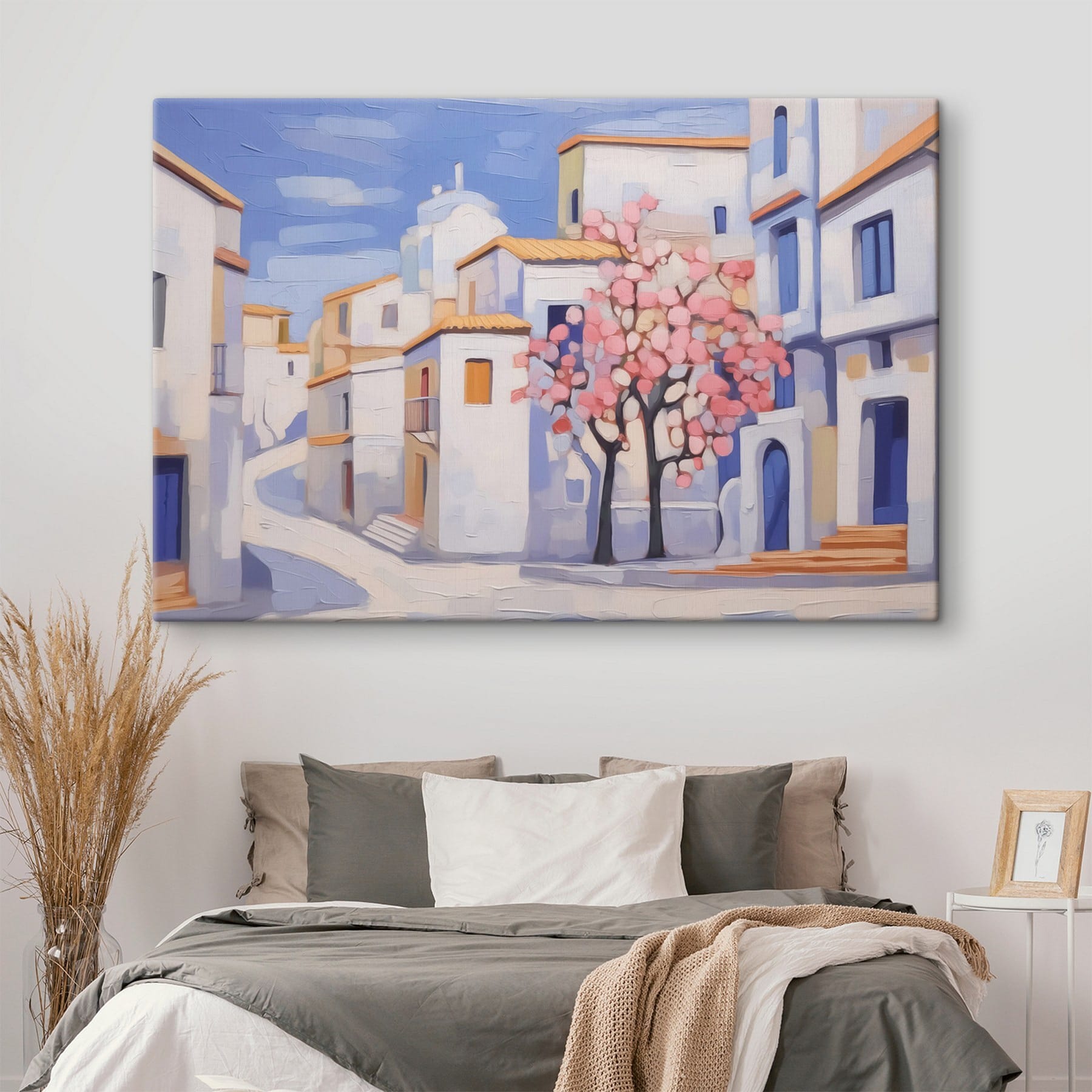 Painting of a tree in front of a building