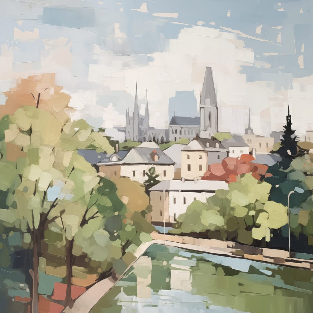 Painting of a city with trees and a river