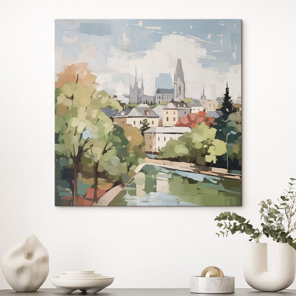 Painting of a city with trees and a river