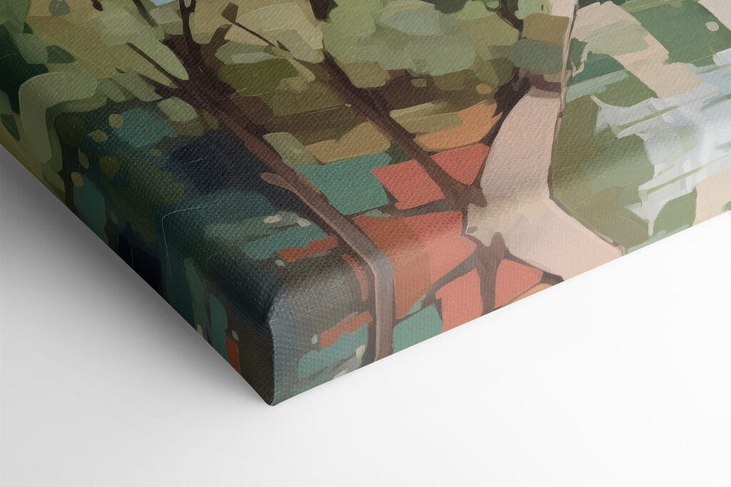 Painting of a city with trees and a river