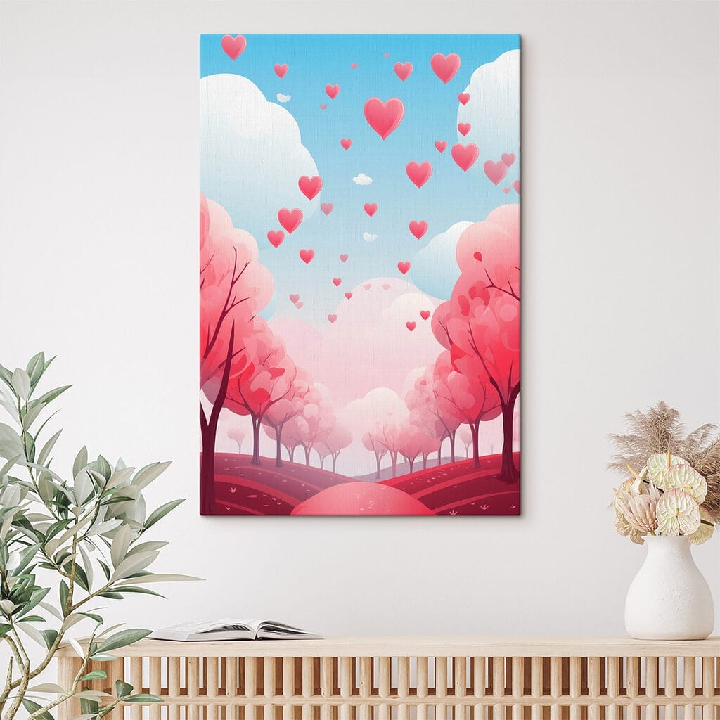 Pink trees with hearts flying in the sky Pink trees with hearts flying in the sky