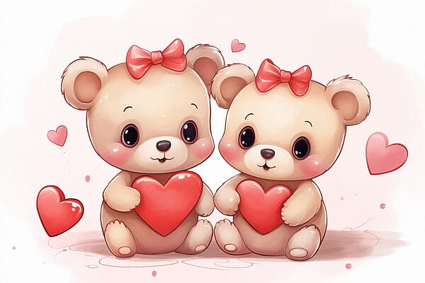 Two cartoon bears holding a heart