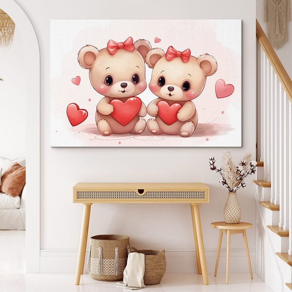 Two cartoon bears holding a heart