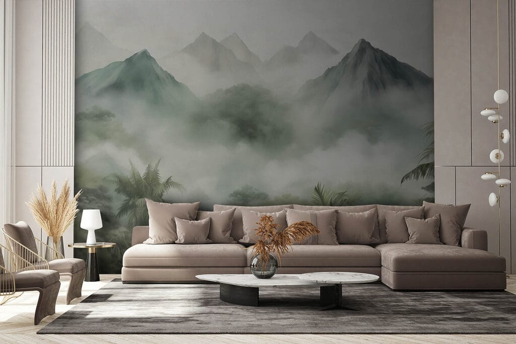 Foggy landscape with mountains and trees Foggy landscape with mountains and trees