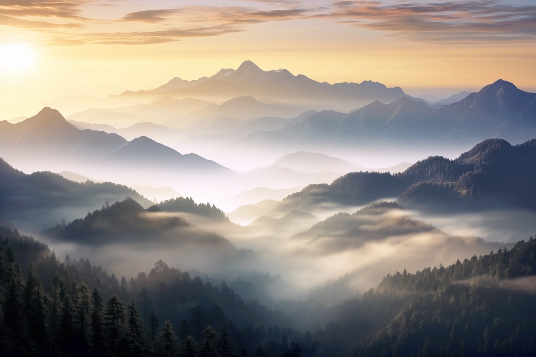 Landscape of mountains with fog and trees Landscape of mountains with fog and trees