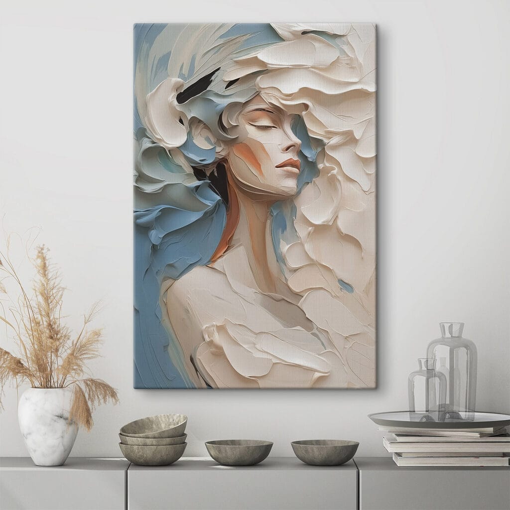 Painting of a woman with white and blue paint