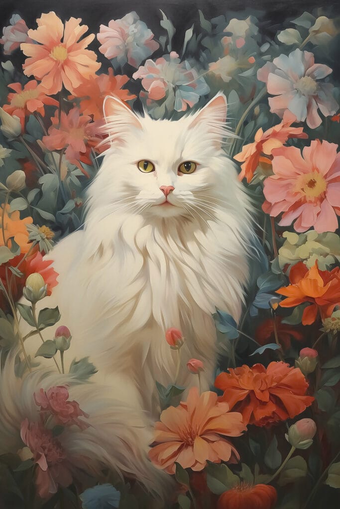 White cat in a flower garden