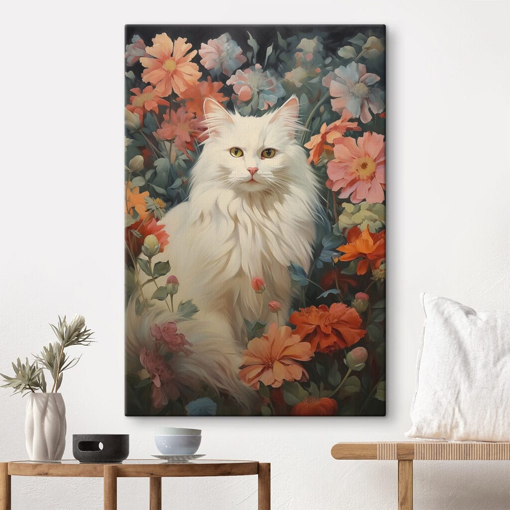 White cat in a flower garden