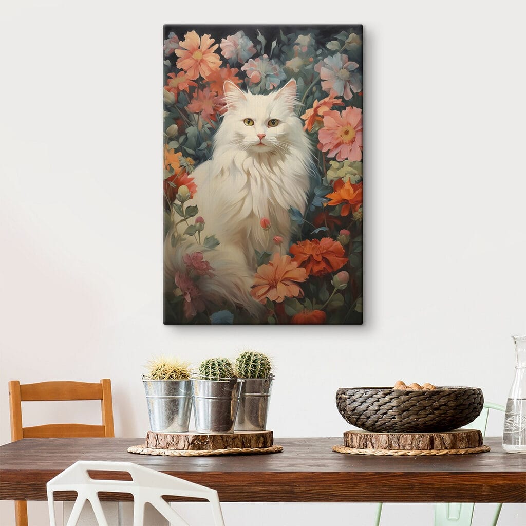 White cat in a flower garden