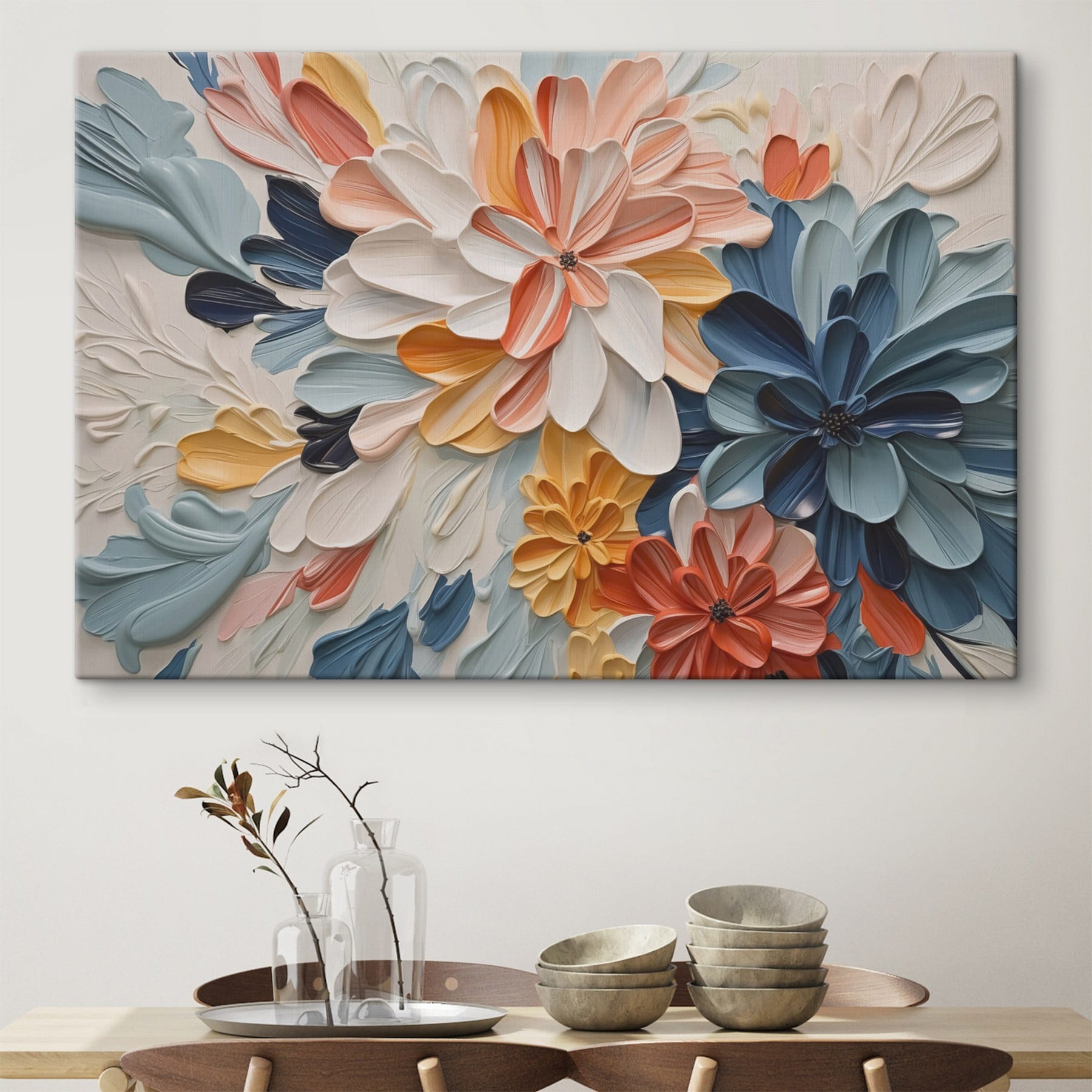 Colorful blooms in textured artwork